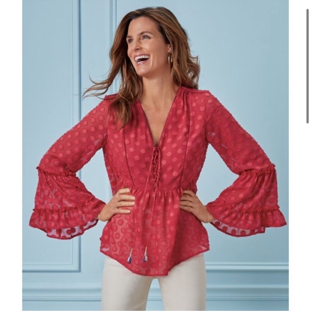 Soft Surroundings- Besito Red Peasant Long Sleeve Blouse Ruffle Sleeve, Petite M